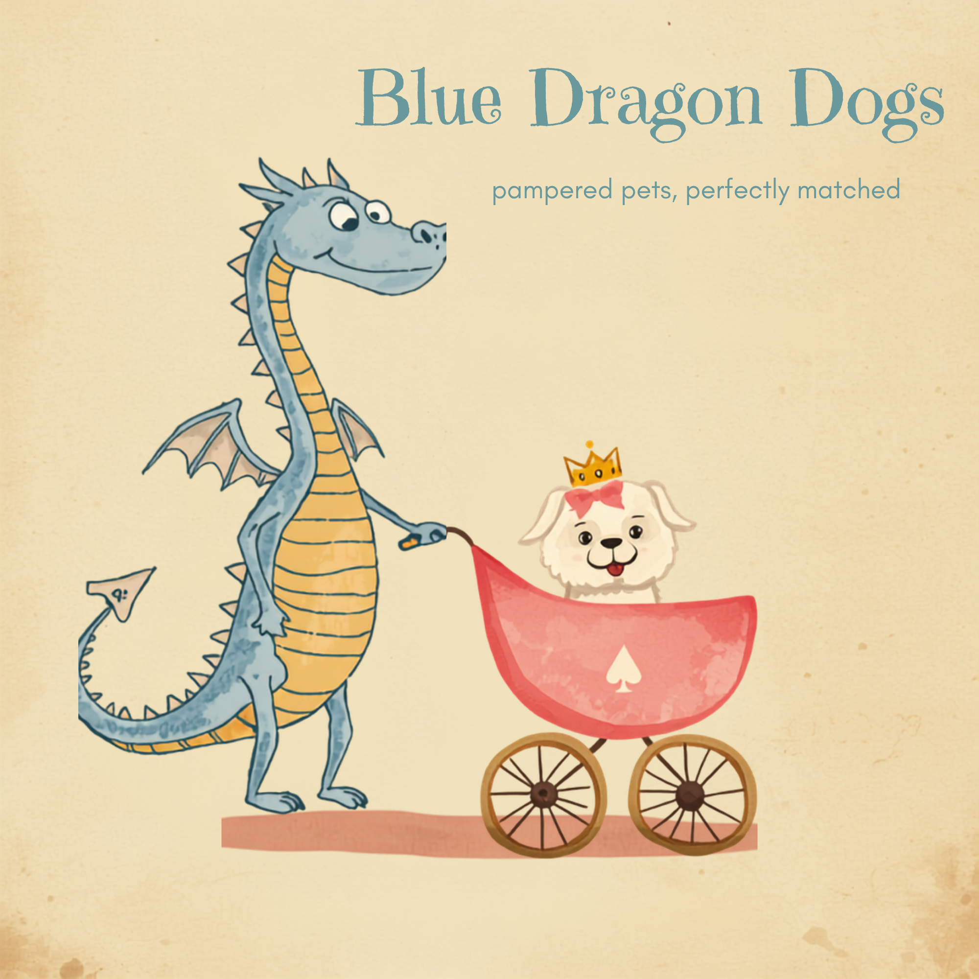 Blue Dragon logo: a friendly blue dragon pushing a white Maltese in a pink pram. Tagline: pampered pets, perfectly matched.